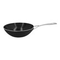 Zwarte wokpan met zilverkleurige rand en handvat, gefotografeerd vanaf de zijkant.
