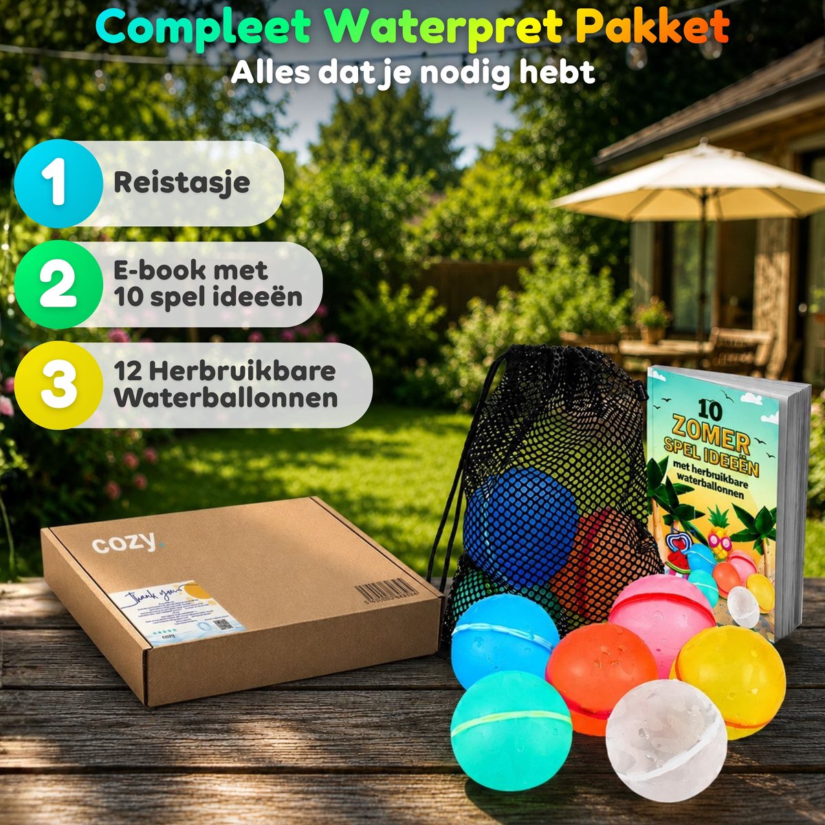 cozy.® Herbruikbare Waterballonnen Pro 2026 - 12 Stuks - Zomers Waterspeelgoed - Extra Groot, Zelfsluitend & Duurzaam - Inclusief E-book met Spelideeën - Splashbal - Camping, Tuin & Vakantie Spelletjes — afbeelding 9