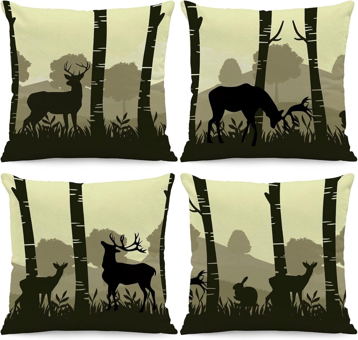 SnelShoppen - Kussenslopen 45x45 cm, 4 stuks, Decoratief met Bos en Wilde Dieren, Hert en Konijn, Zacht Polyester voor Bank, Slaapkamer, Woonkamer