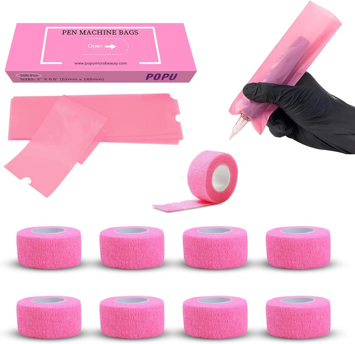 SnelShoppen - Tattoo Machine Covers & Grip Tapes Set - 200 Stuks Disposable Tattoo Pen Covers + 9 Stuks Grip Tapes - 2.5 cm x 4.5 m - Roze - Ideaal vo