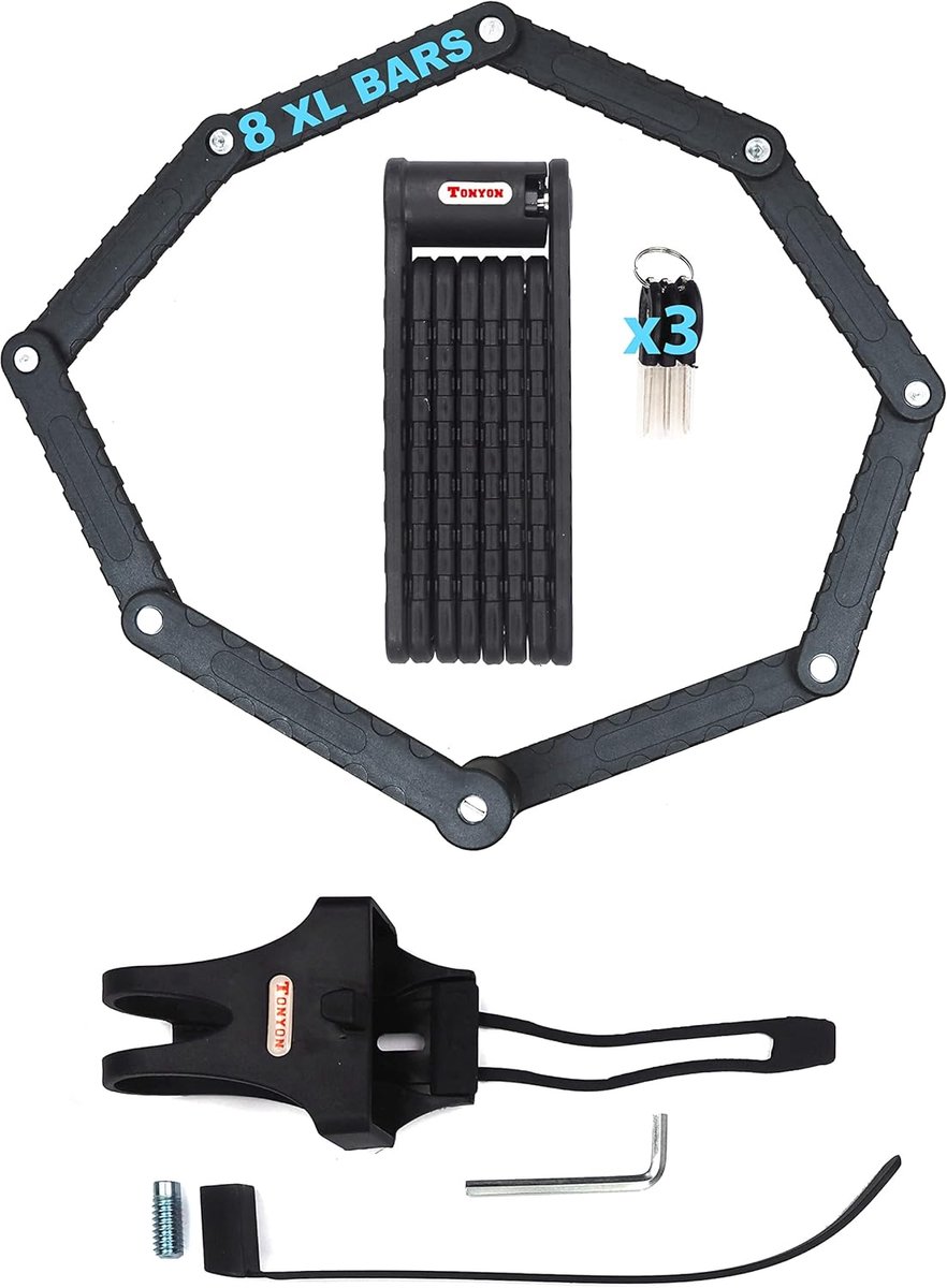SnelShoppen - Vouwslot Fiets Extra Lang 88 cm Omtrek Zwart Hoog Beveiligd 8 Takken Inclusief 3 Sleutels