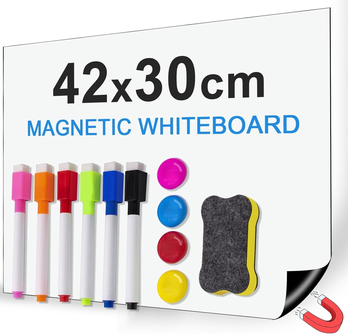 SnelShoppen - A3 Magnetische Whiteboard Film 42 x 30 cm - Wasbare Weekly Planner met Pennen en Spons - Ideaal voor School, Kantoor, Thuis - Fridge Org
