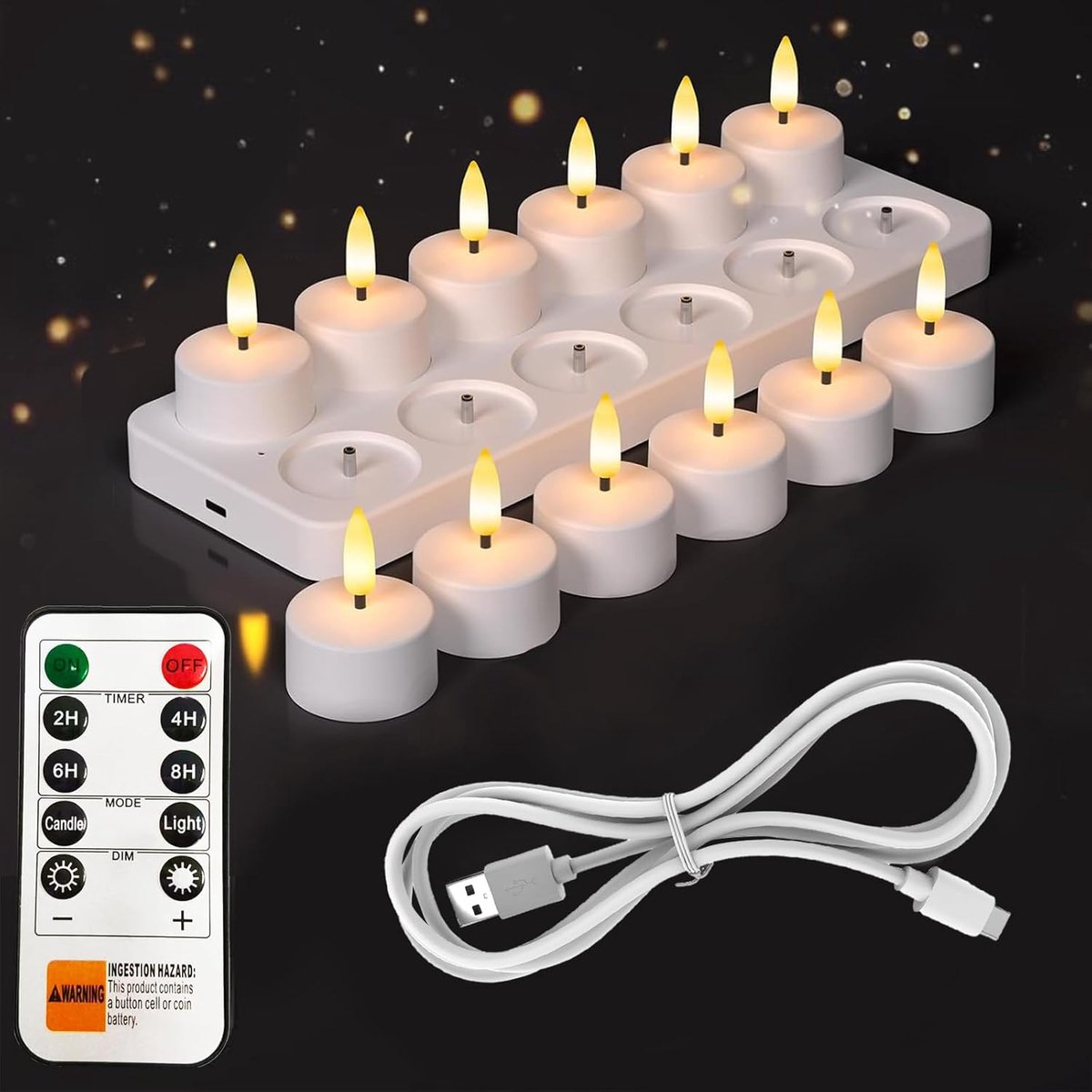 SnelShoppen - Set van 12 Oplaadbare LED Theelichten met Afstandsbediening en Timer - Realistische Vlam voor Feesten, Dinners, Bruiloften en Thuisdecor