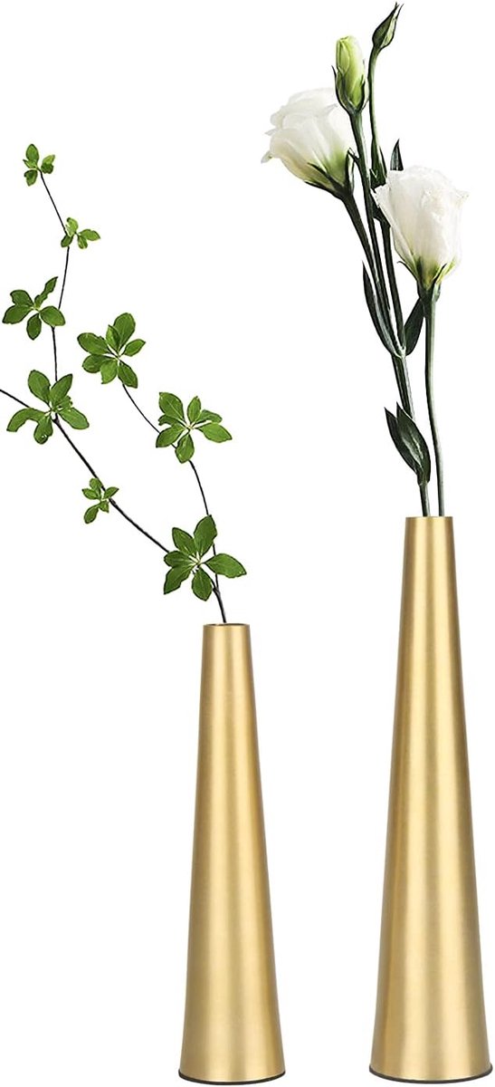 SnelShoppen - Set van 2 Gouden Tapered Vazen 10.5/8.5 Inch - Retro & Stylish Bloemenvazen voor Bruiloft, Thuisdecoratie en Kantoor - Ideaal voor Bloem