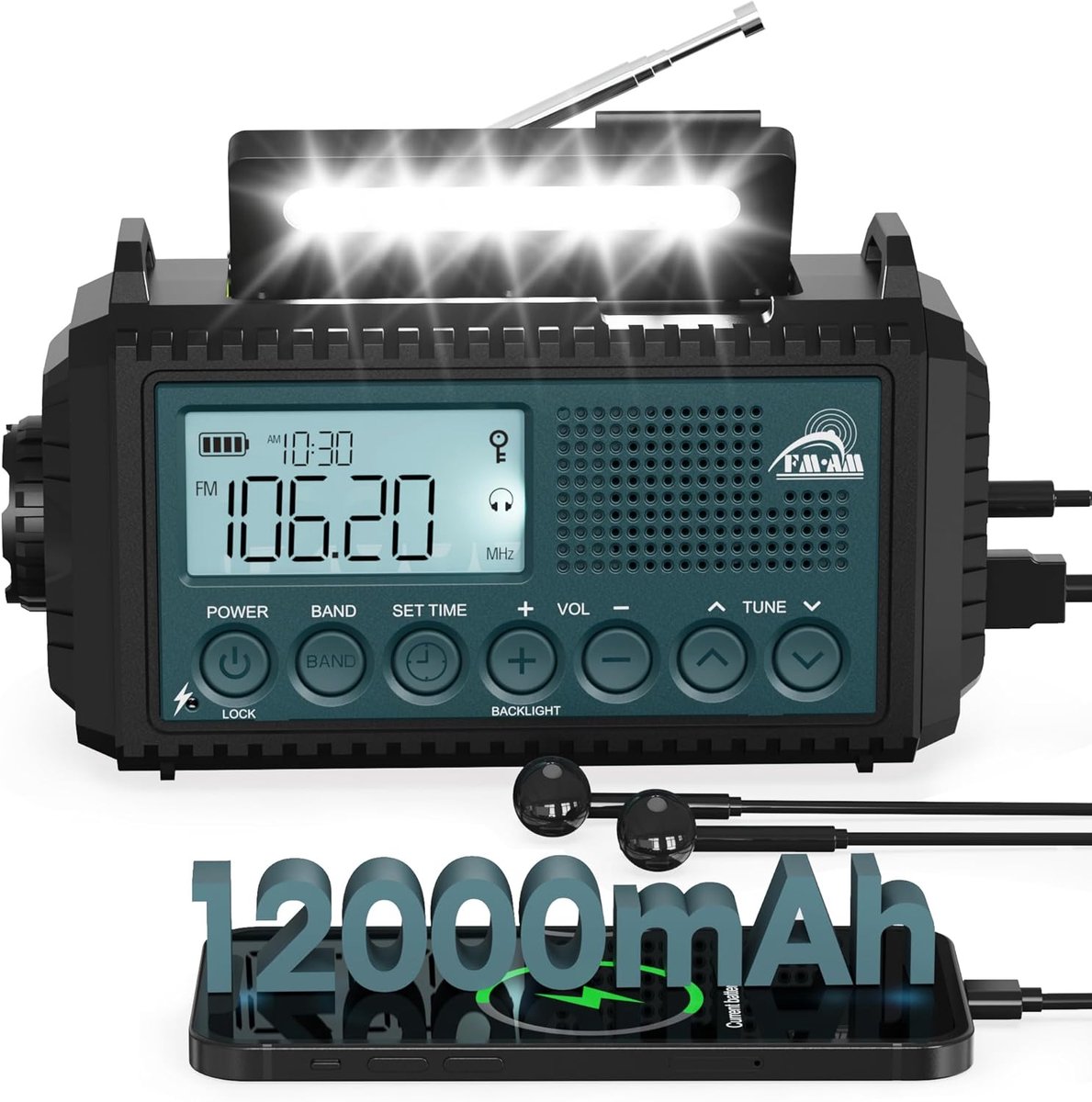 SnelShoppen - 12000mAh Crank Radio, Zonne-energie & Crank Noodradio, Draagbare AM/FM Wereldontvanger, Zaklamp & Leeslamp, USB Oplaadbaar, SOS Alarm vo