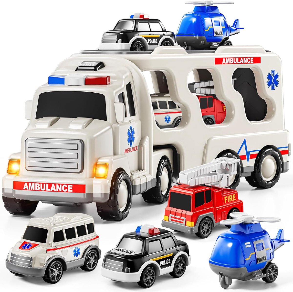 SnelShoppen - 5-in-1 Speelgoed Auto Set voor Kinderen 3-8 Jaar, Frictie Voertuigen met Licht en Geluid, Politiewagen, Brandweerwagen, Ambulance, Educa