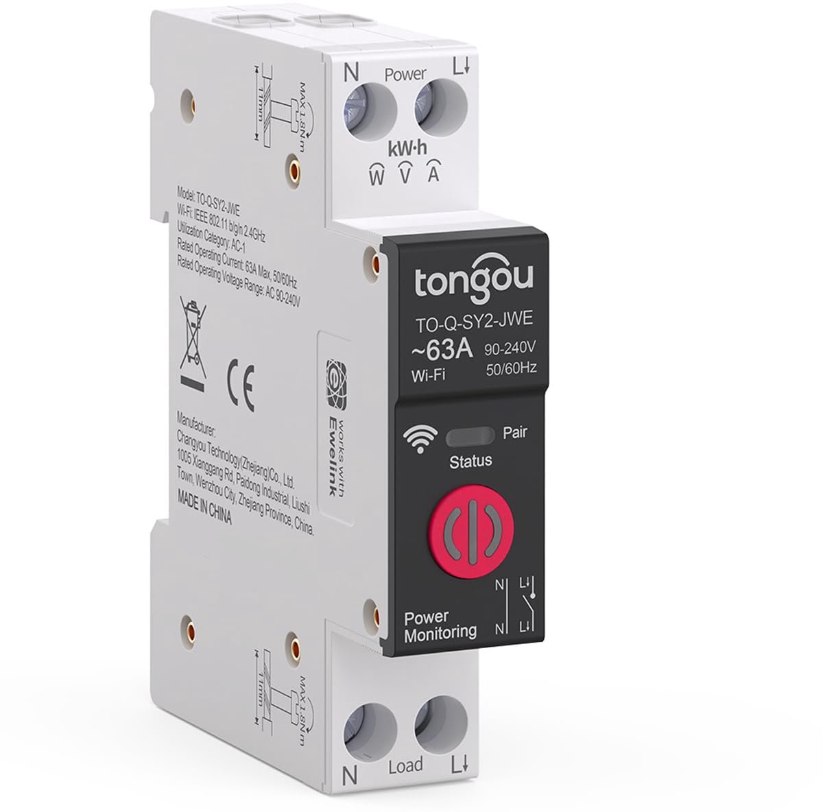 SnelShoppen - WIFI Smart Home DIN Rail Schakelaar 63A/230V - Draadloze Energie Meter met eWelink App Controle, Power Consumption Monitoring, Timer en