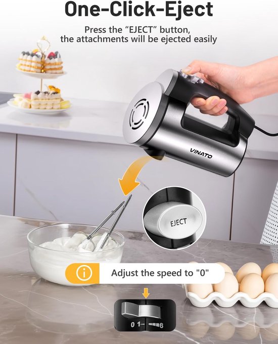Elektrische handmixer 300 watt met 5 snelheden en roestvrijstalen gardes en kneedhaken voor eieren, deeg en cake van Merkloos — afbeelding 3