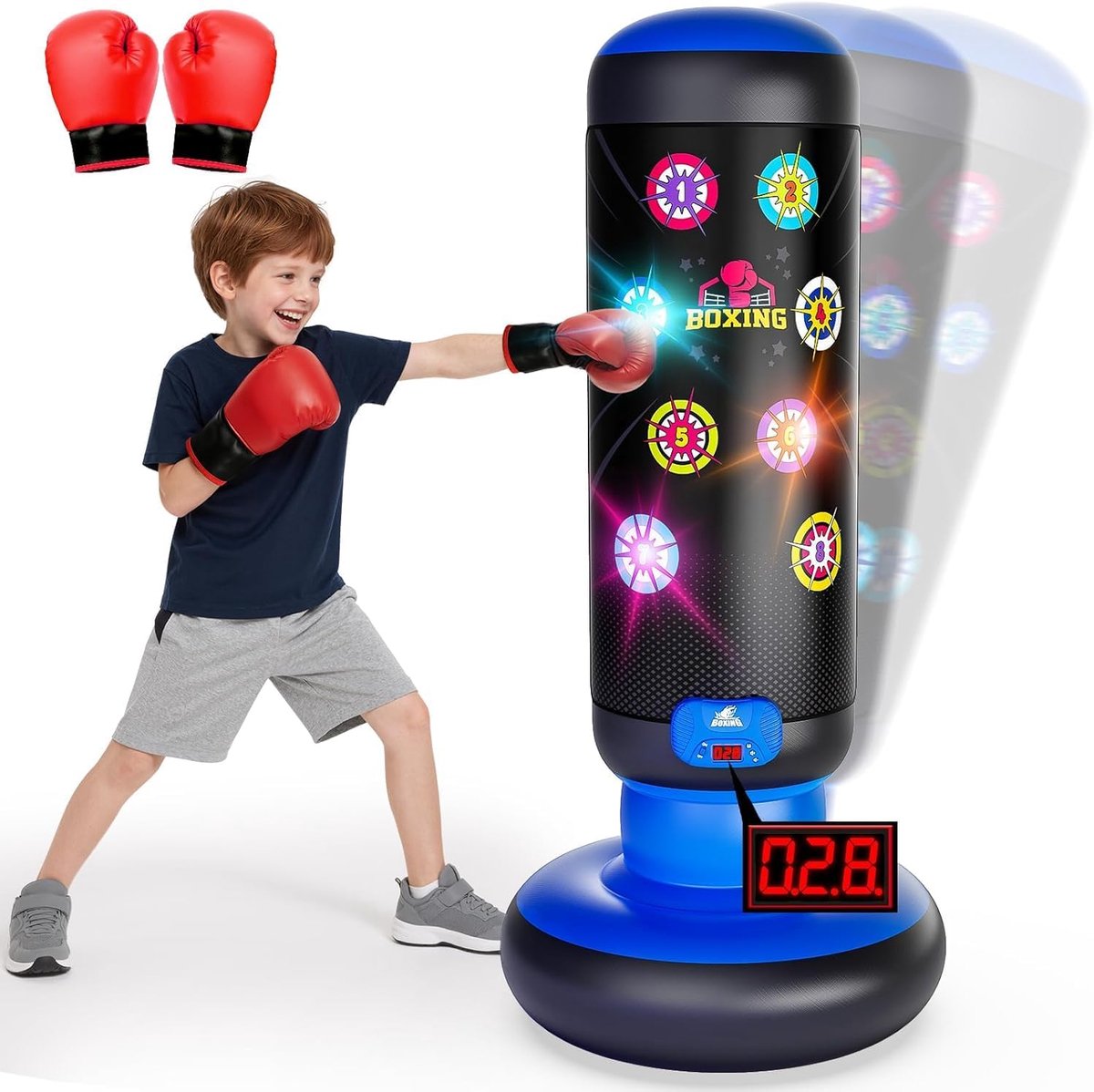 SnelShoppen - Hot Bee Punching Bag voor Kinderen, Staande Bokszak met Muziek en Licht, Interactieve Opblaasbare Bokszak met Boxhandschoenen, Cadeau vo