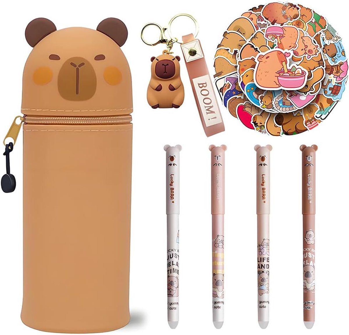 SnelShoppen - Schattige Capybara Pennenhouder met Multikleurige Sleutelhanger, 2-in-1 Silicone Etui, Kawaii Schoolbenodigdheden voor Kinderen, 50 Stic