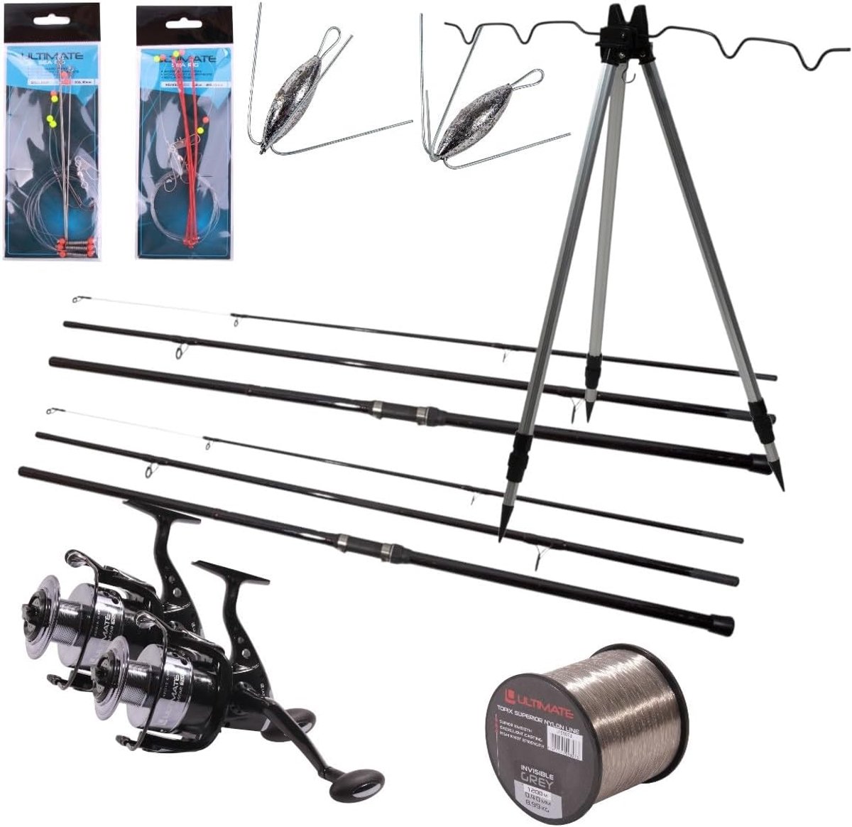 SnelShoppen - Complete Zeevisset 4.5m - Ultimate Beach Rod Set met 2x Hengels, Tripod, Nylonlijn en Sea Rigs voor Strandvisserij