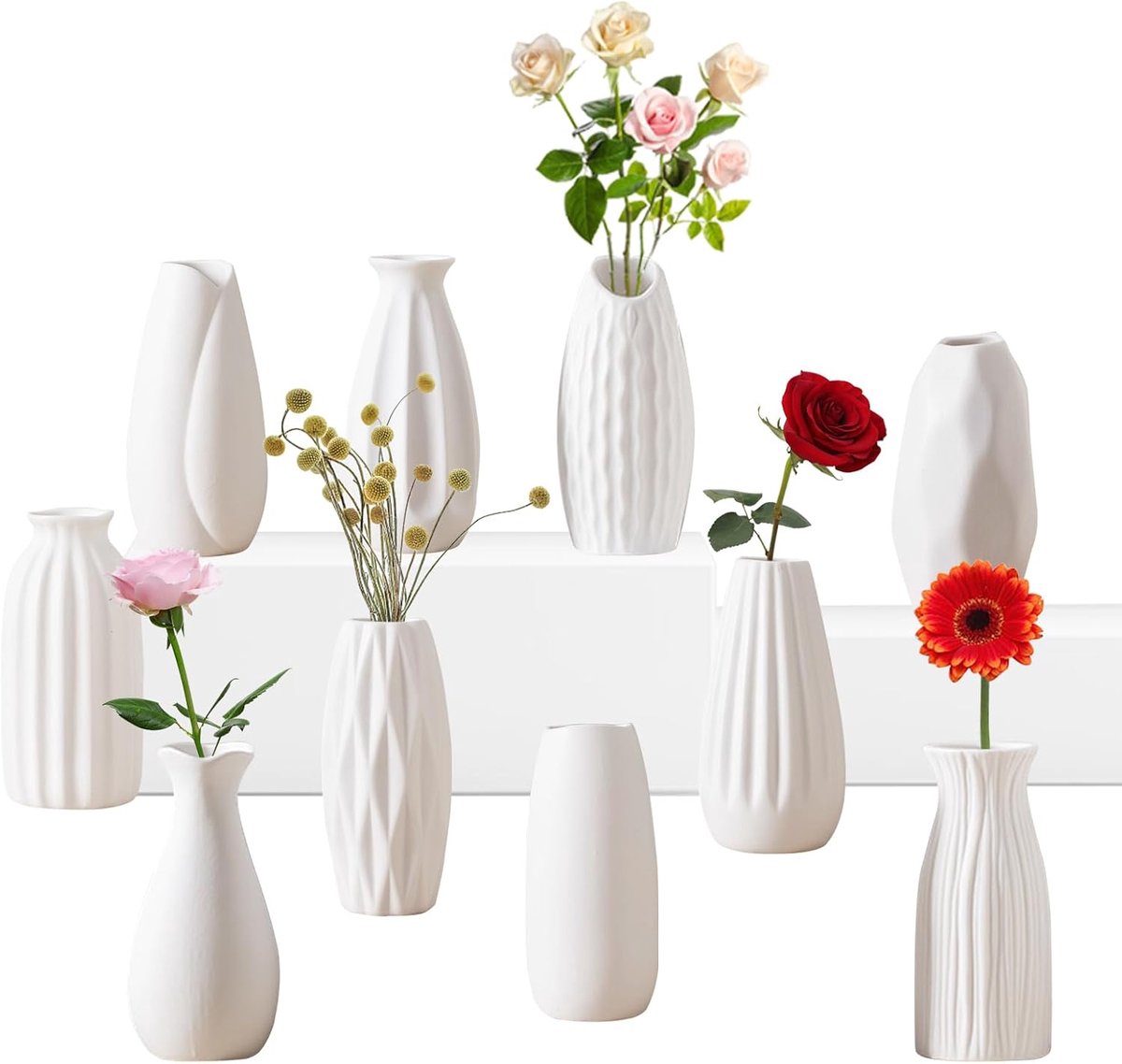 SnelShoppen - Set van 10 Kleine Witte Keramische Bud Vazen 12.7 cm - Mini Vazen voor Bloemen, Tafeldecoratie en Feesten