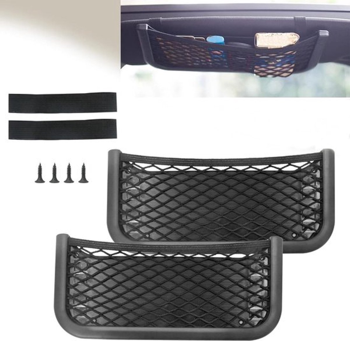 Elastisch opbergnet voor auto, set van 2 stuks, zelfklevend, geschikt voor auto, SUV, vrachtwagen, bestelwagen, camper.
