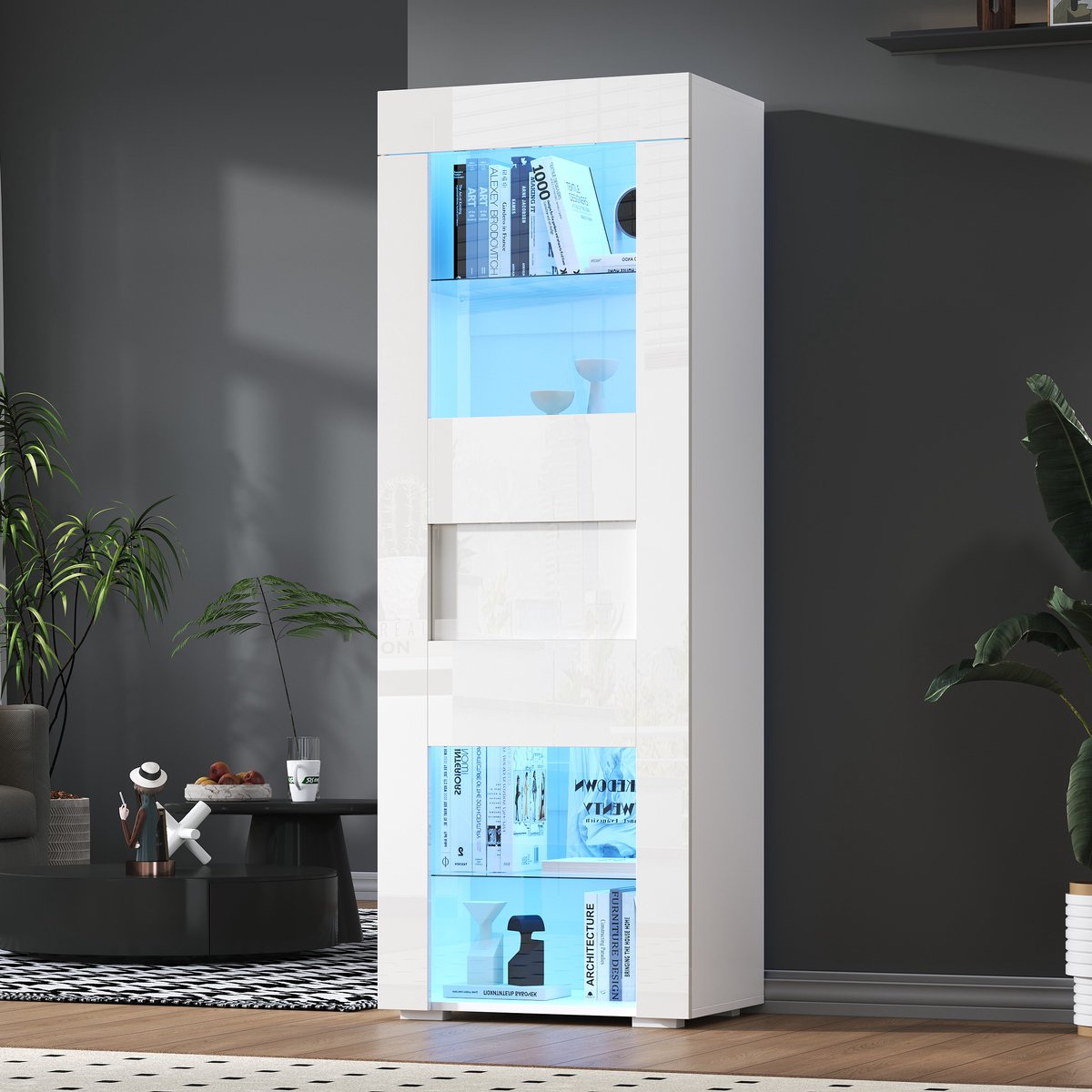 COVREO Vitrinekast 60x40x170 cm – wit, MDF met gehard glas, LED-verlichting en verstelbare planken