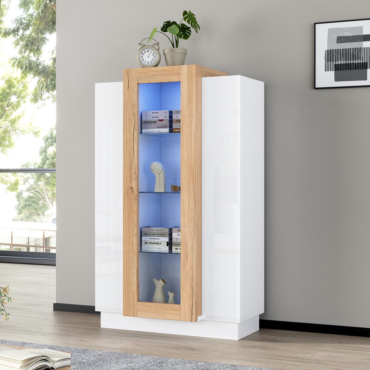 COVREO Vitrinekast 74x40x120 cm – wit en naturel, 3 deuren, LED en glazen planken