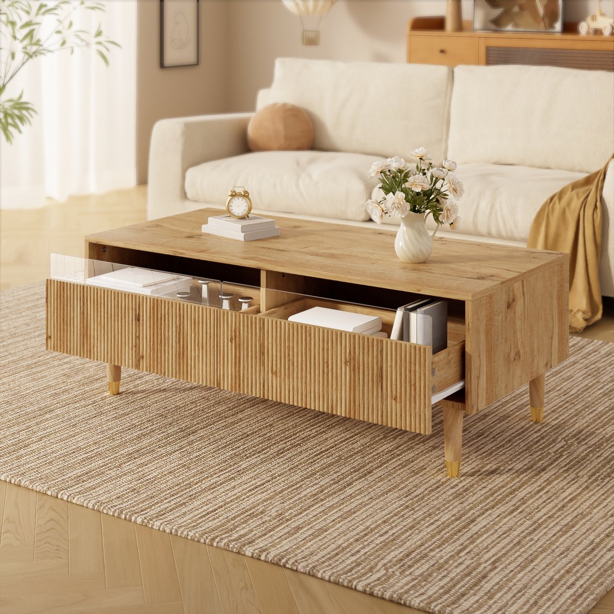 COVREO Salontafel 110x50x40 cm – MDF, houtkleur, 2 lades en LED-verlichting
