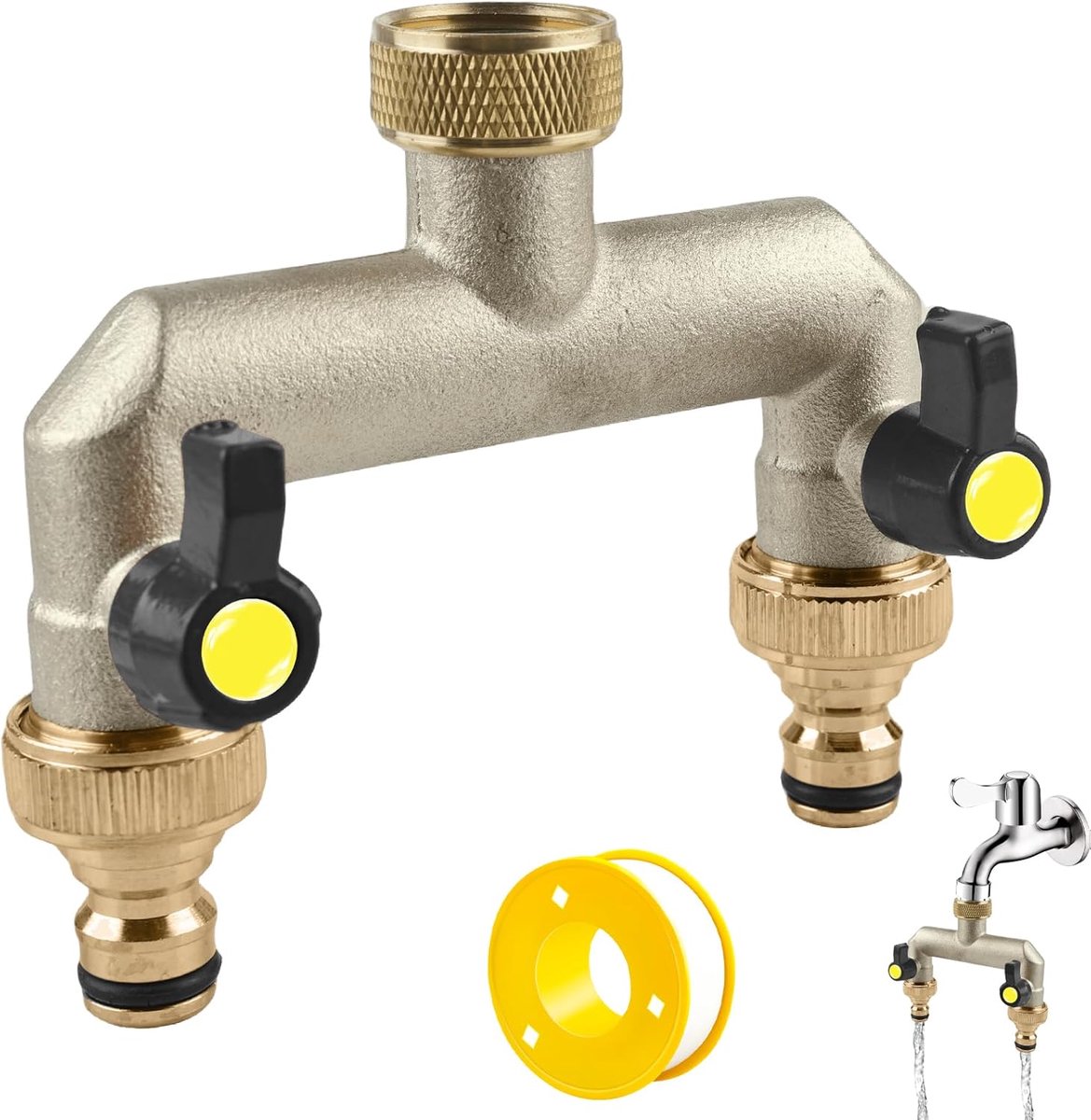 SnelShoppen - 2-Weg Water Distributor - 3/4 Inch Messing Waterverbinder met Kogelkranen voor 2 Tuinslangen - Robuust en Corrosiebestendig - Tuin, Buit