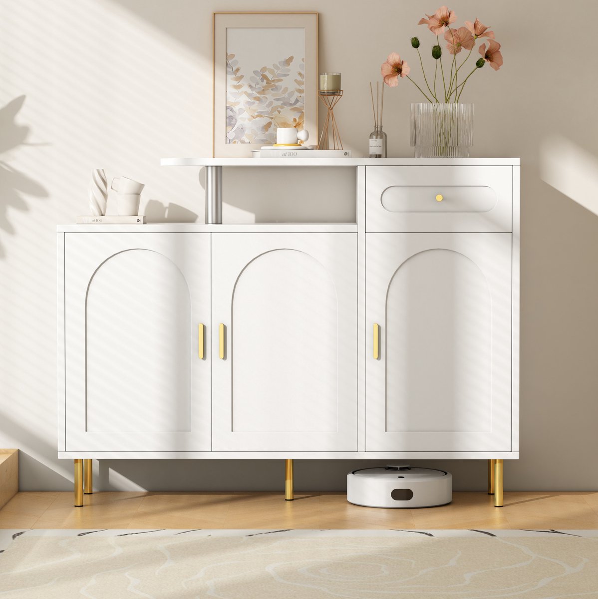 COVREO Schoenenkast 120 x 35 x 92 cm wit spaanplaat met 3 deuren, 1 lade en metalen poten