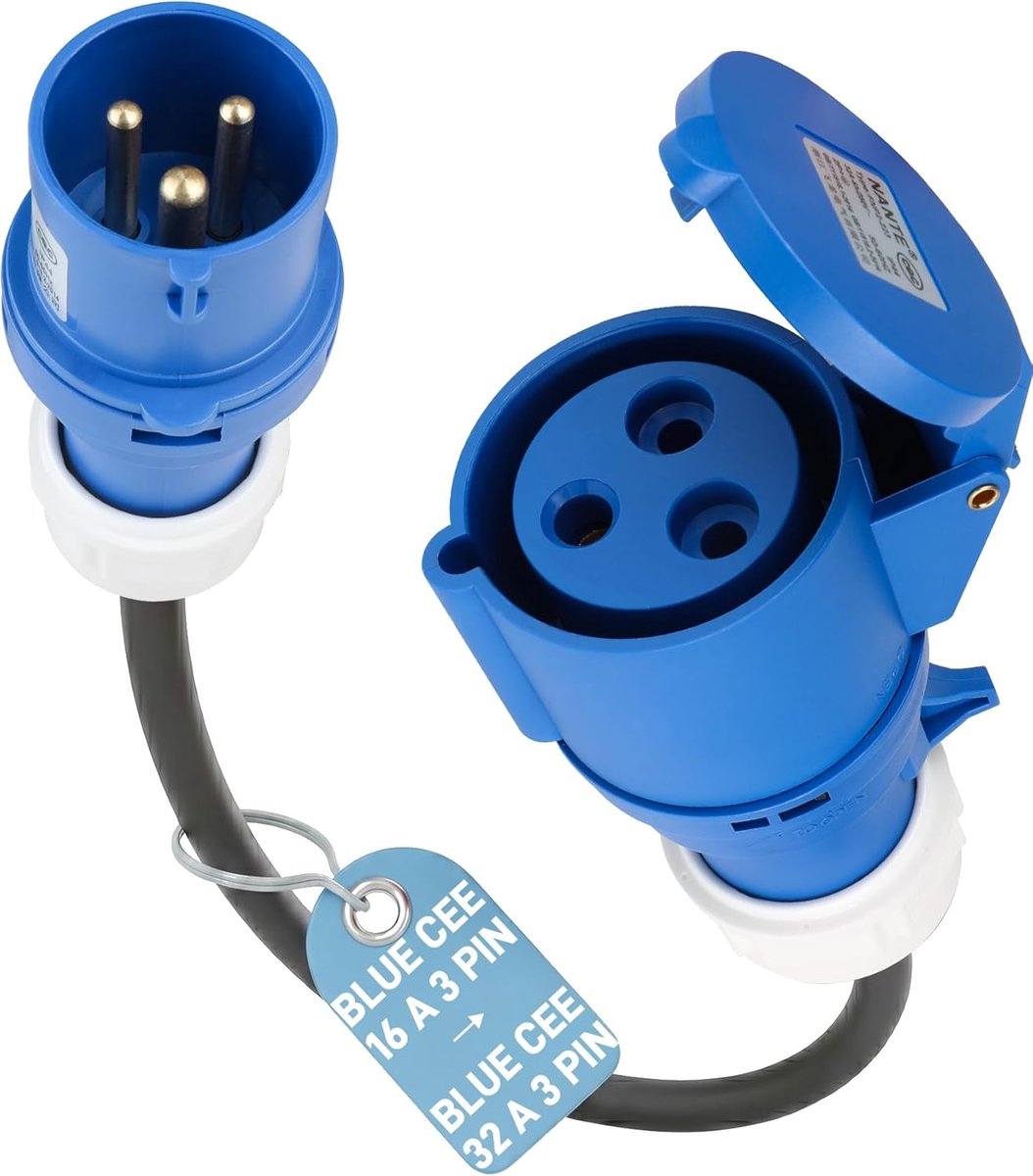 SnelShoppen - CEE Adapter 16A naar 32A CEE Stekker - 50 cm - Blauw - 3-Pins - IP44 - 3.7 kW - Accessoire voor EV Charger en Camping
