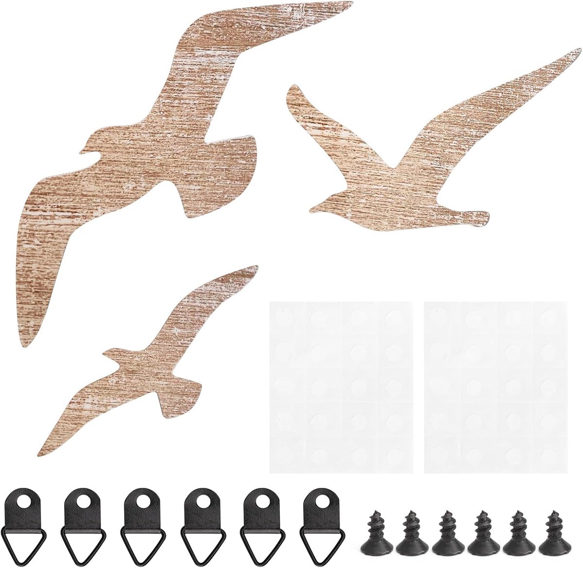 SnelShoppen - 3 Stuks Houten Zeemeeuw Decoratie, Wanddecoratie voor Badkamer, Marine Stijl, Verschillende Vormen, Houten Wanddecoratie voor Woonkamer