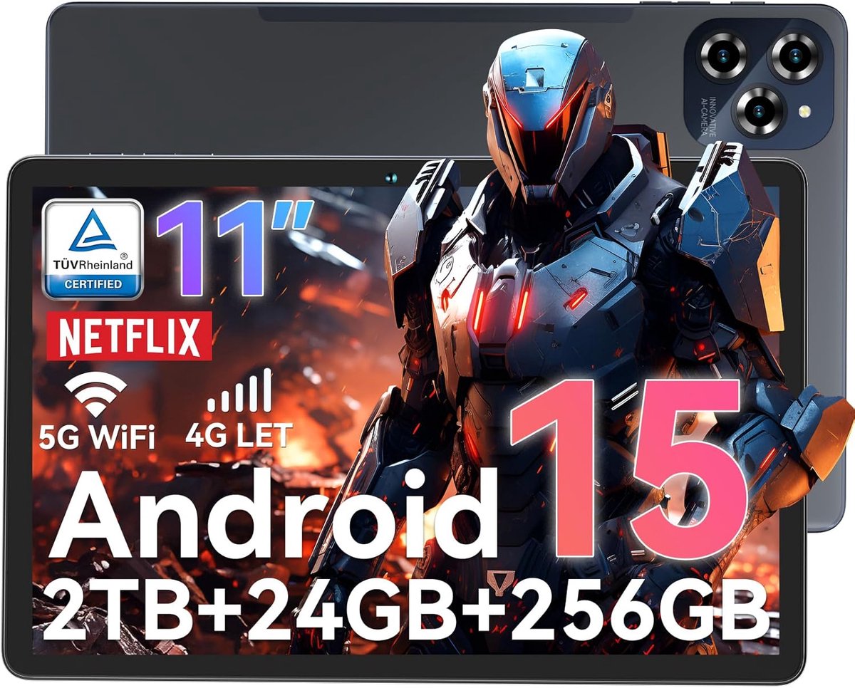 SnelShoppen - 11 Inch Android 15 Tablet - TABWEE W90 - 24GB RAM, 256GB ROM, 4G LTE + 5G WiFi, Octa Core T615, 8000mAh Batterij, AI Camera, GPS