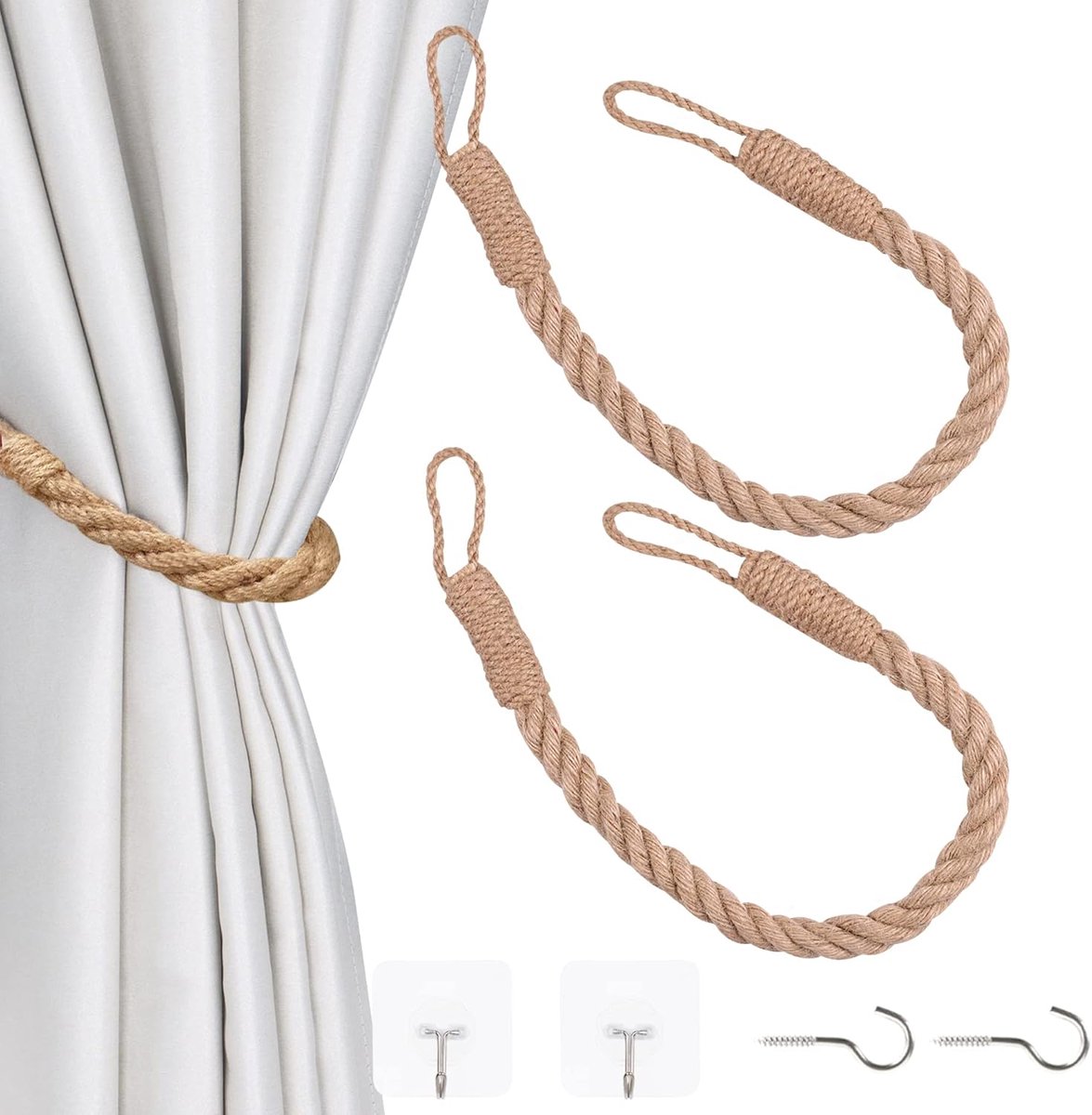 SnelShoppen - 2 Stuks Gordijnbinders Gordijnhouders Handgemaakte Decoratieve Touwtjes Jute Touw Khaki Voor Boerderij, Badkamer, Scandinavisch, Buiten