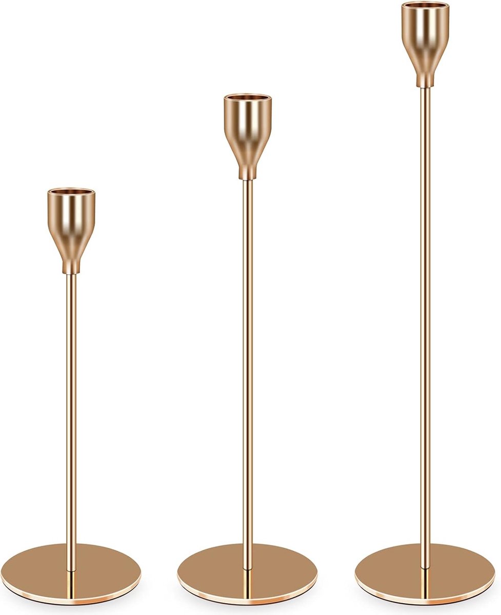 SnelShoppen - Set van 3 Gouden Kaarsenhouders, Vintage Stijl, 24/29/34 cm Metaal, Ideaal voor Woonkamer, Slaapkamer, Trouwdecoratie, Rustbestendig, Ta