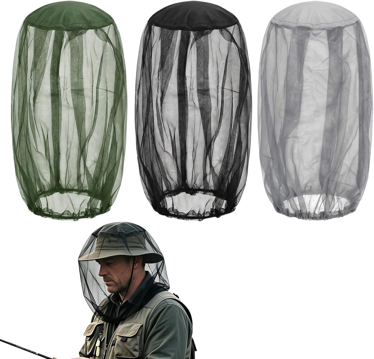SnelShoppen - 3 Stuks Muggennet Hoed met Extra Fijne Mazen | Effectieve Muggenbescherming voor Buiten, Wandelen, Tuinieren, Vissen | Ademend Polyester