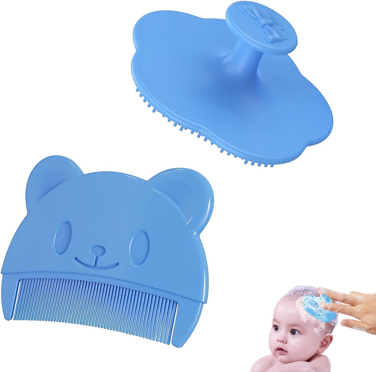 SnelShoppen - 2 Stuks Melkkorfkam voor Baby's, Siliconen Korstkam met Zachte Borstelharen en Tanden, Plastic Babyhaarborstel voor Pasgeborenen, Blauw