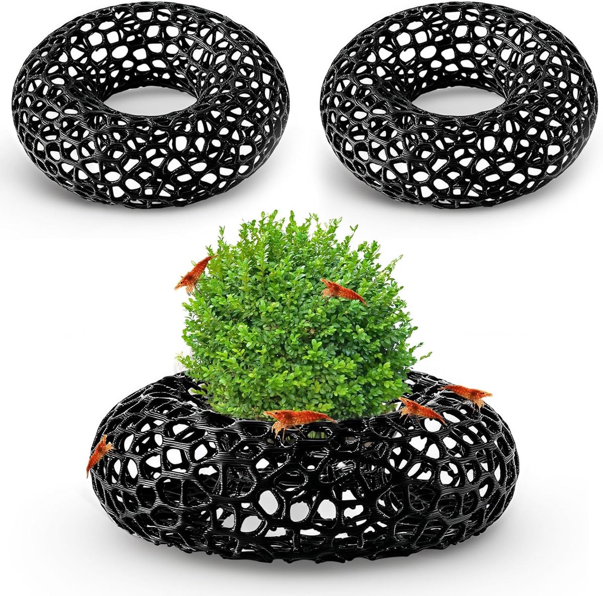 SnelShoppen - 2 stuks aquarium garnalen verstopplaats holt met poreuze structuur, decoratieve plantenring voor garnalen en kleine vissen, ideaal voor