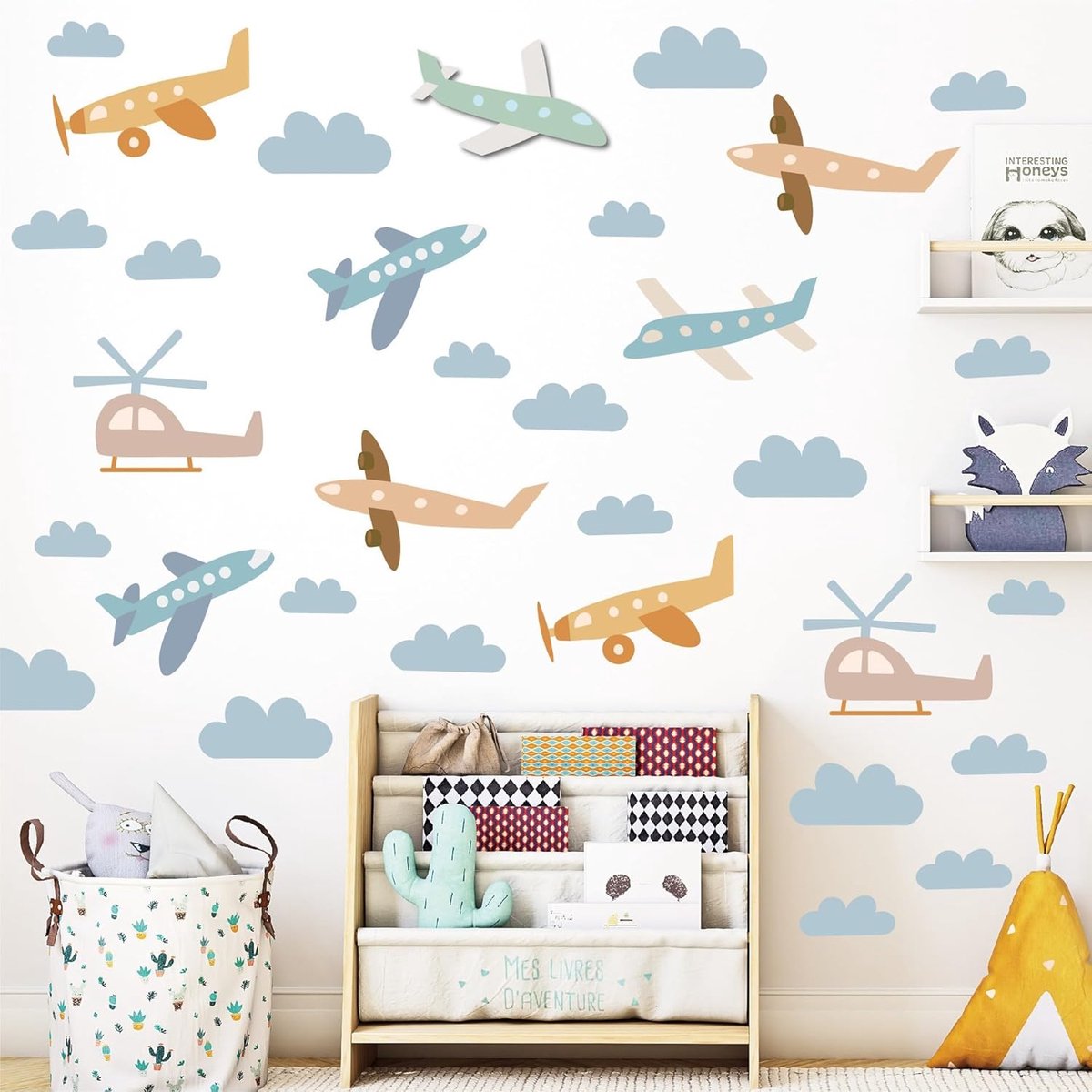 SnelShoppen - Plane Wall Sticker in Cartoon Look Zelfklevend voor Kinderkamer, Jongenskamer, Meisjeskamer, Speelkamer, Muurdecoratie, Luxe, Schattig,
