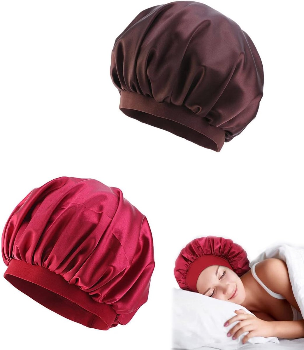 SnelShoppen - Satin Slapenvcap Verstelbare Nacht Satin Hoed voor Krullend Haar met Brede Elastische Band voor Vrouwen Meisjes Bruin Bordeaux, 2 Stuks