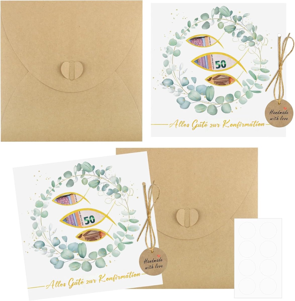 SnelShoppen - Set van 2 Geld Cadeau Bevestigingskaarten met Enveloppen voor Communie, Doop en Verjaardagen - 16.5 x 16.5 cm - Inclusief Krachtpapier E