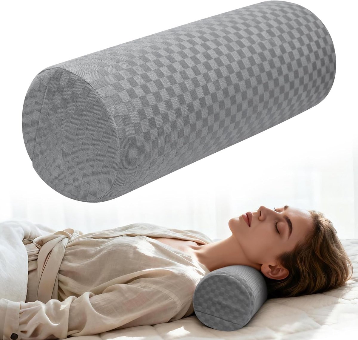 SnelShoppen - Ergonomisch Memory Foam Nekrol Kussen 15x40 cm, Wasbare Zijde Hoofdkussen, Rond Ondersteunend Kussen voor Bed, Kantoor, Reizen, Onderste