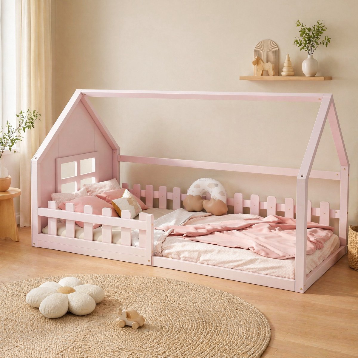 COVREO Kinderbed 204 x 96,5 x 113,8 cm – roze, hout en MDF, huisvorm, 90 x 200 cm