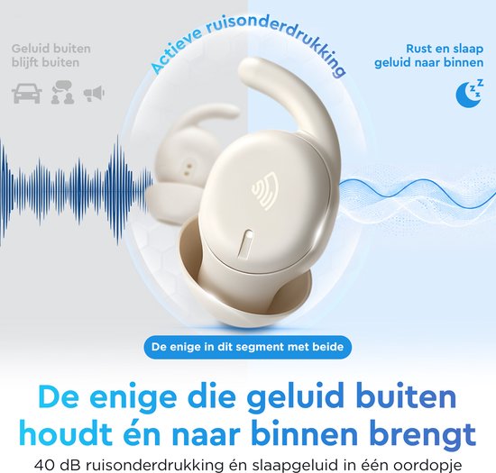 Witte draadloze oordopjes. Links: geluid van buiten geblokkeerd (auto, sirene). Rechts: rustgevend geluid binnen (zon, maan). Tekst: 40 dB ruisonderdrukking en slaapgeluid.