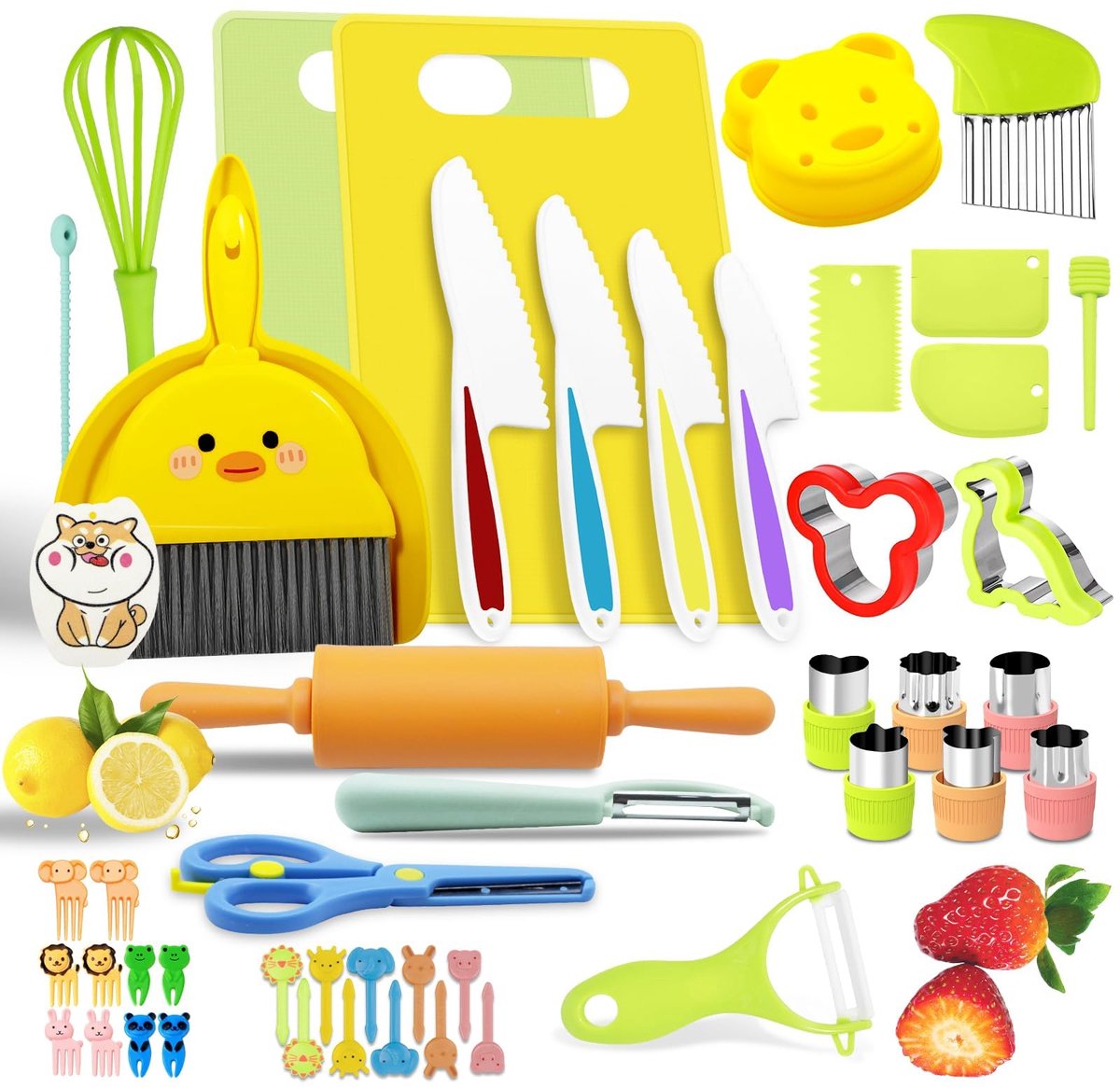 Thijox - 47-Delig Kindermessenset voor Peuters, Kinderkeukenmessenset met Houten Mes, Snijplank en Dunschiller voor Veilig Koken en Snijden van Groent
