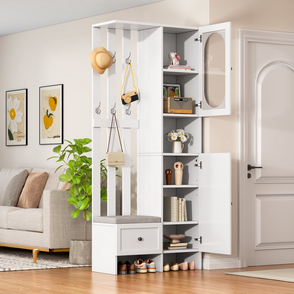 Compacte kledingkast van 85*33 - 5*200 cm - meubel voor thuis met 2 kasten - opbergkast van gehard glas - kledingkastset wit - halkast - kapstok met schoenenbankje en kussen.