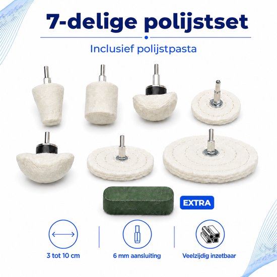 7-delige polijstset met diverse polijstkoppen, een polijstpasta en een opbergzak.