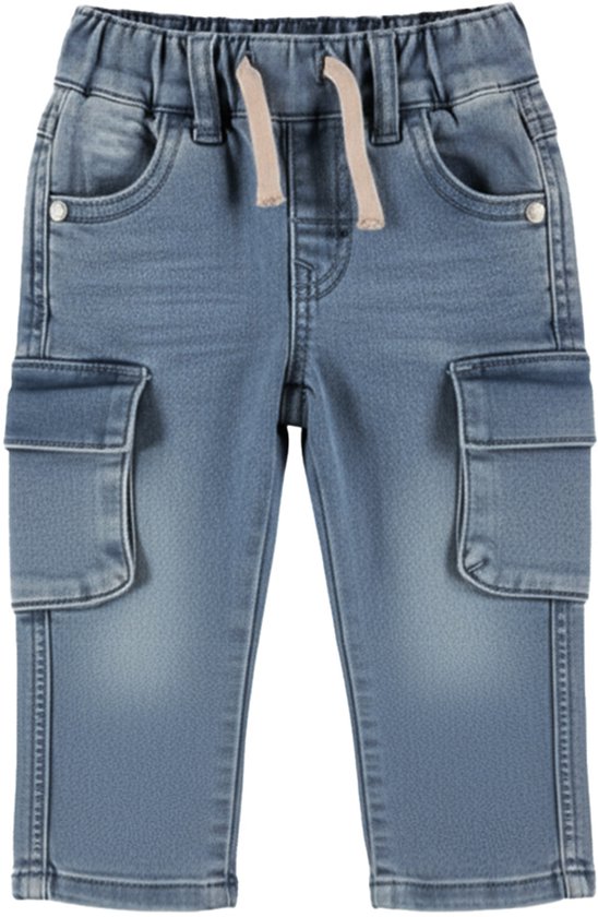 Blauwe Dirkje tapered fit jeans met elastische tailleband, trekkoord en twee cargozakken op de pijpen.