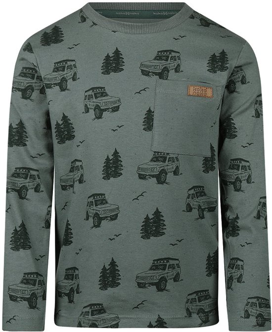 Grijze longsleeve met all-over print van off-road voertuigen en bomen, met borstzakje.