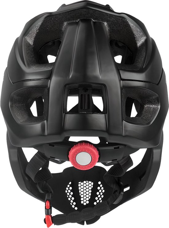 Zwarte helm met kinband, verstelknop en gesp. Bovenkant met ventilatieopeningen en binnenzijde.
