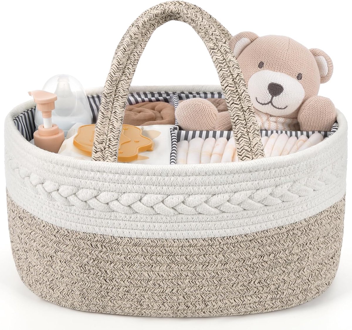 VHV - Luiermand - Baby opbergmand van katoenen touw - Draagbare organizer voor luiers en babybenodigdheden - Kraamcadeau voor pasgeborenen - 38 x 25 x 17 cm - Wit en grijs