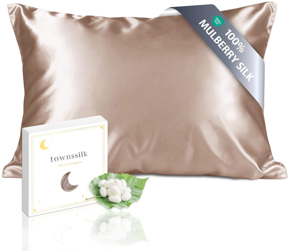 SnelShoppen - Zijden hoofdkussensloop 60 x 70 cm van 100% moerbeizijde, 19 mm dik, Oeko-Tex gecertificeerd, luxe kwaliteit, lichtbrons, met ritssluiti