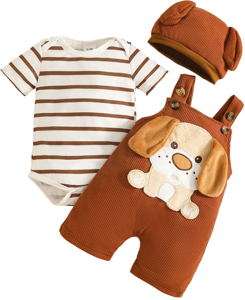 SnelShoppen - Babykleding jongens lange mouwen gestreept met dinosaurus-opdruk overall verstelbare bretels korte mouw bruin hond 3-6 maanden