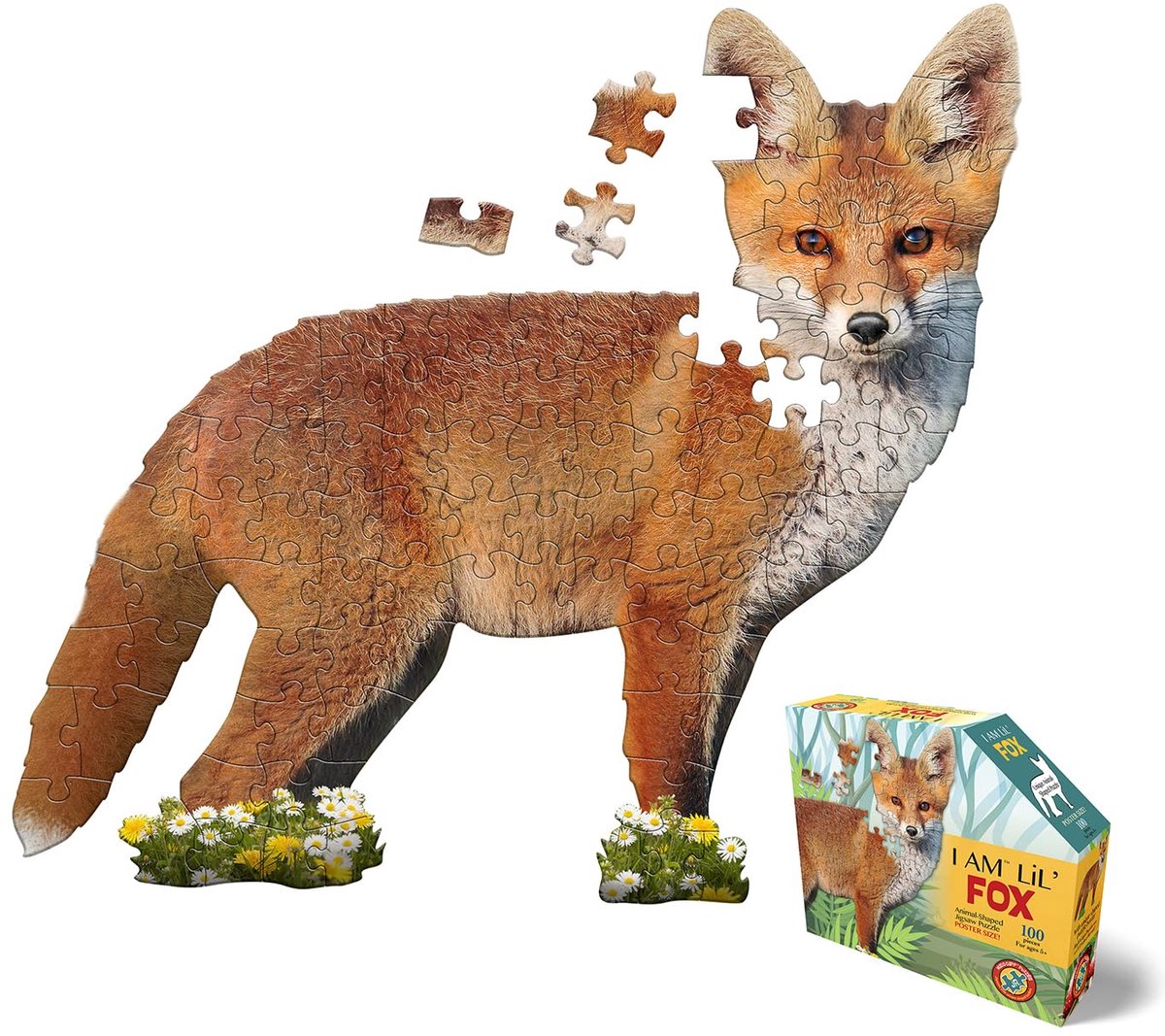 SnelShoppen - Shapepuzzle Junior Vos 100 XL-stukjes Contourpuzzel voor Kinderen en Volwassenen - Unieke Dierpuzzel met Dubbelzijdige Poster en Wetensw