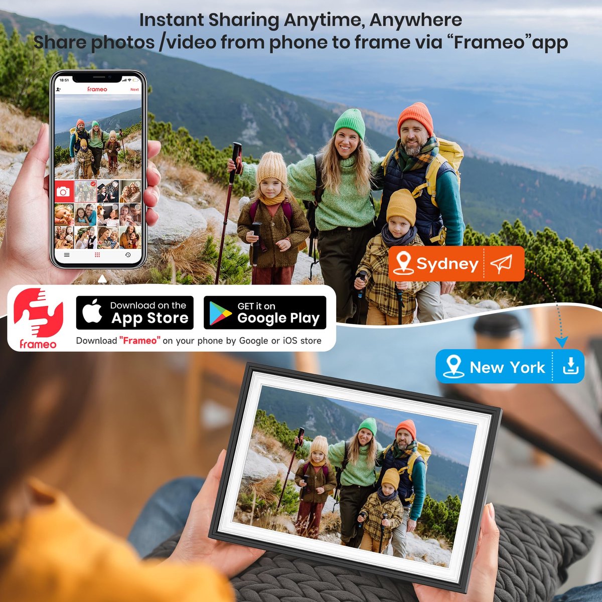 SnelShoppen - Frameo Digitale WiFi Fotolijst 10,1 inch zwart wit - 1280 x 800 HD IPS touchscreen fotolijst met 32 GB geheugen, automatisch draaien, wa