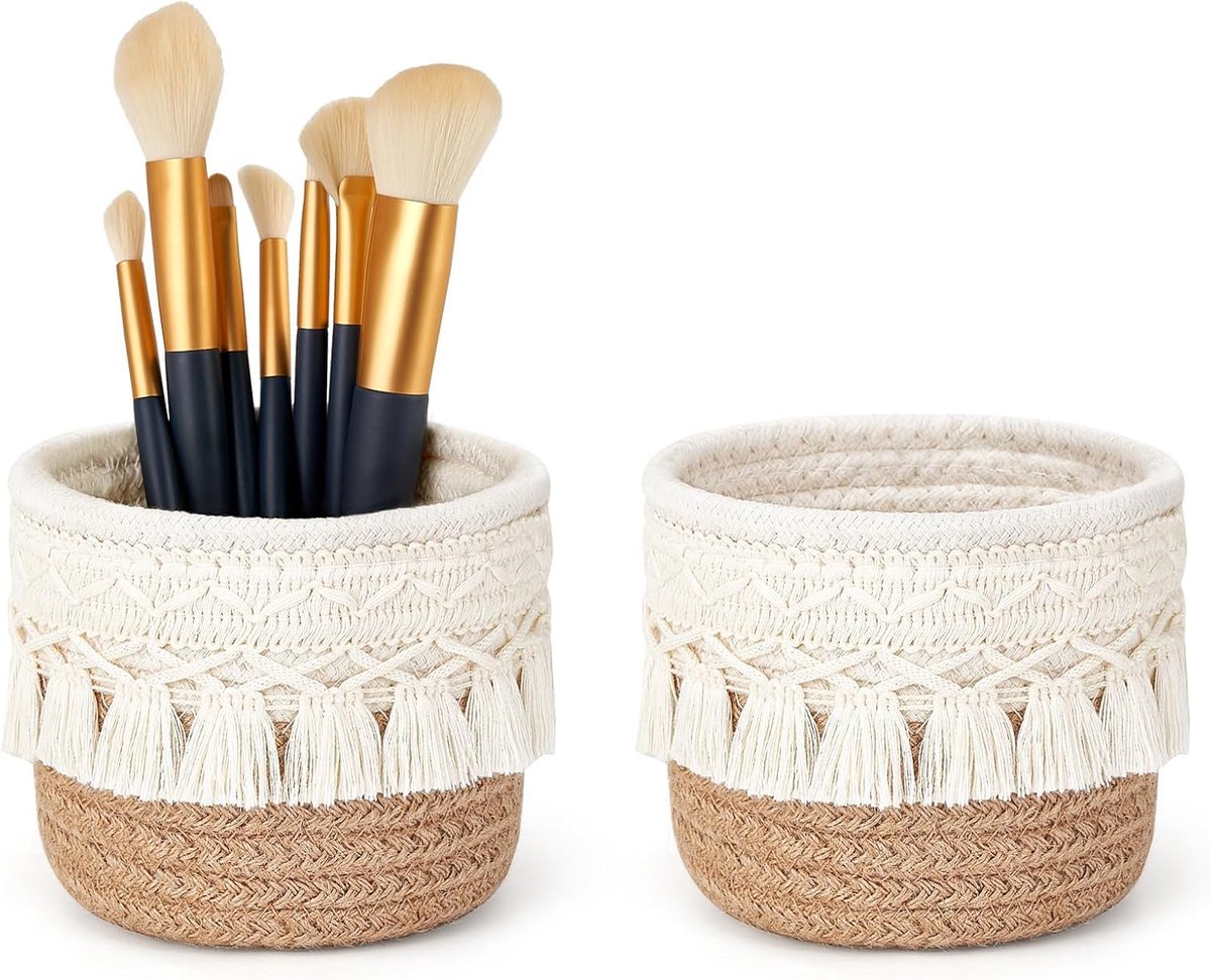 Make-up Kwasten Houder - Set van 2 - Mini Macramé Opbergmandjes met Kwastjes - Boho Decoratie voor Cosmetica, Pennen en Bureau Organizer - 10 x 10 cm - Wit en Geel