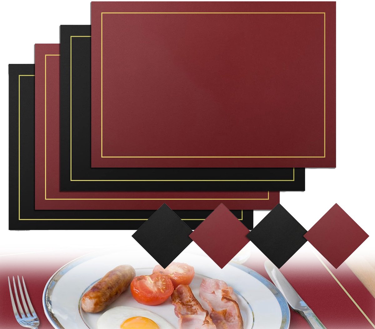 Placemats - 8-delige set – Western placemats – Leren placemats – Hittebestendige onderleggers – Antislip – Geschikt voor keuken- en eettafels – Gemakkelijk schoon te maken en op te bergen – Wasbaar – Rood en zwart