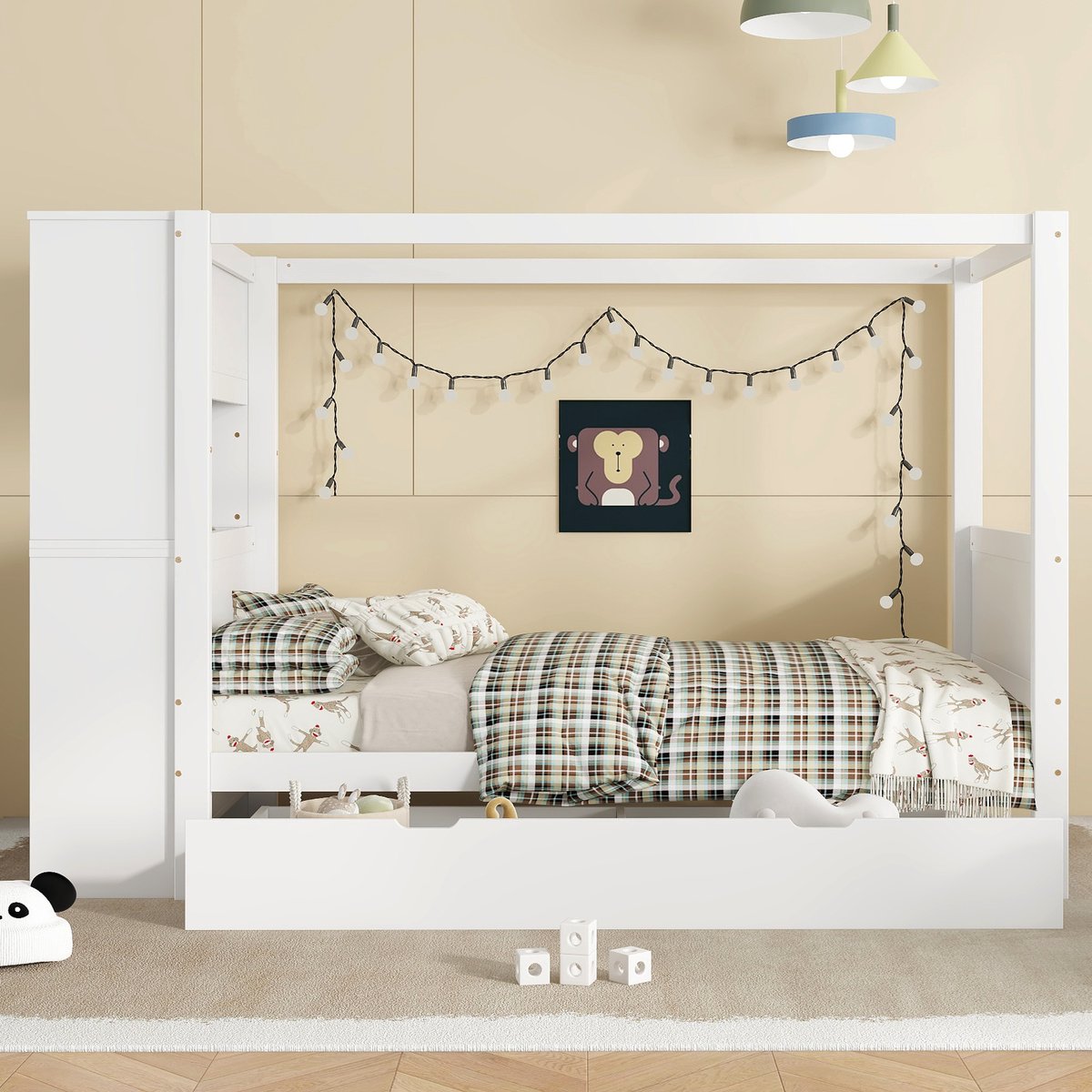 COVREO Hemelbed 240x94x155,5 cm - wit, 5 lades, opbergkast en uitvalbeveiliging